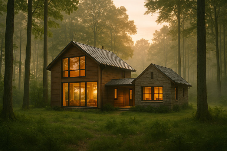 A serene family retreat in a forest, blending modern and rustic architecture with dawn lighting.