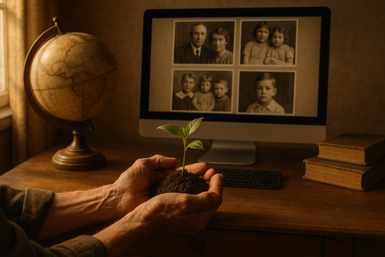 A study room with a wooden desk, a computer showing family photos, and an antique globe in warm light.