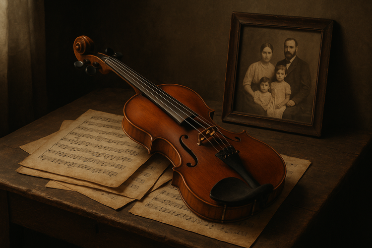 A vintage violin with music sheets and family photo, evoking history and legacy.