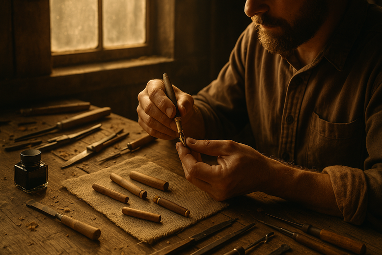 An artisan crafting a luxury pen in a rustic workshop with soft lighting highlighting their skilled hands and tools.