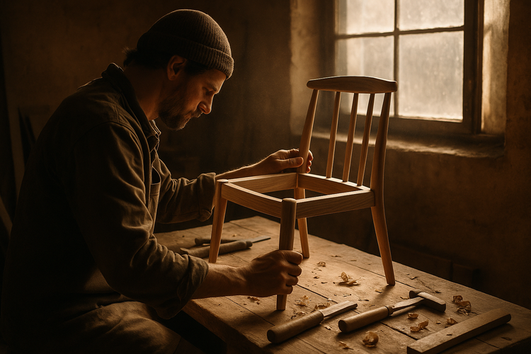 An artisan crafting a wooden chair in a rustic workshop with morning light filtering through a window.