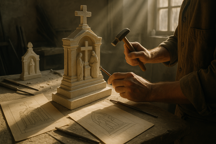 Artisan sculpting a family monument in a sunlit workshop.