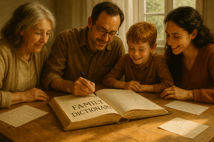 Family creating a family dictionary around a wooden table, with sunlight streaming through a window.