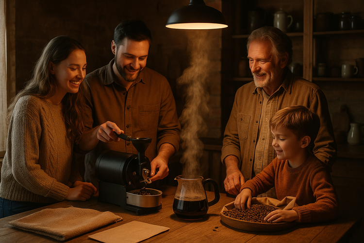 Family gathered around a coffee roasting setup in a rustic kitchen with warm lighting highlighting the steam from a freshly brewed pot.