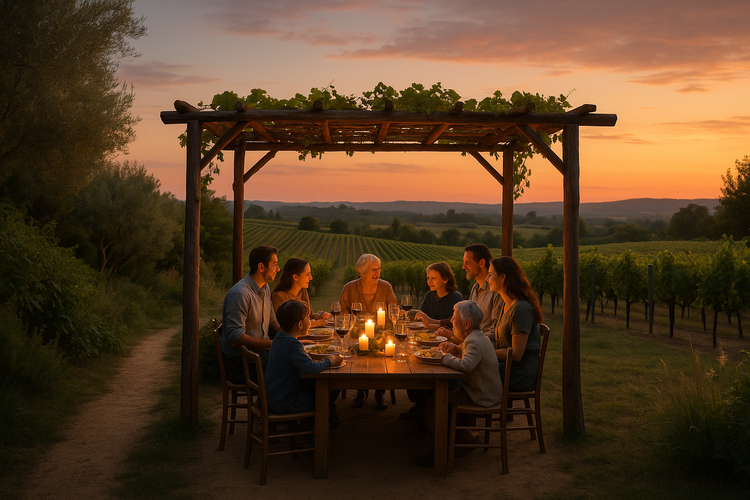 Family gathered at a dining table overlooking a vineyard at dusk, with candles under a pergola.