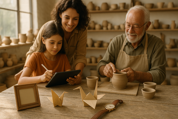 Family in an art studio combining traditional pottery with digital art.