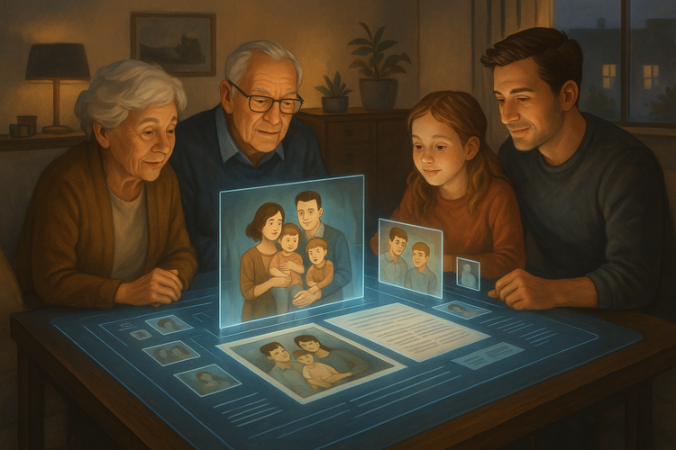 Family interacting with a futuristic digital archive table displaying holographic family photos and stories.