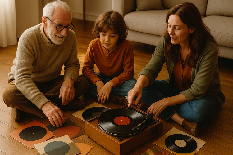 Family listening to vinyl records in a cozy living room, surrounded by album covers.