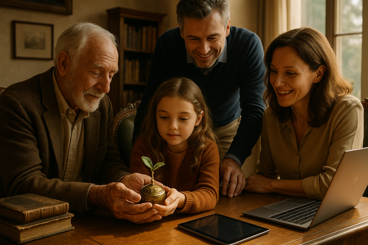 Multi-generational family in a sunlit office, blending antique furnishings with modern technology, designing wealth strategies together.