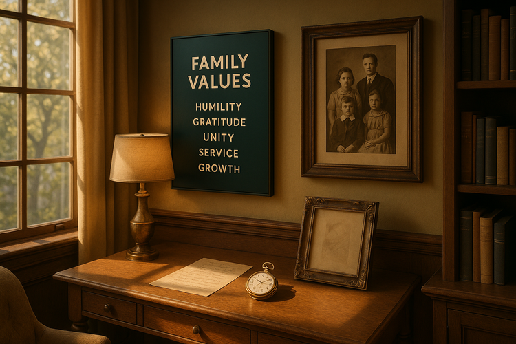 Study room with digital family values display and classic family portrait, lit by afternoon sunlight.