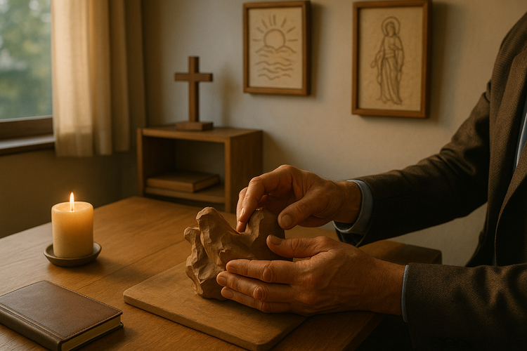 A family-owned business office with faith-inspired art, a wooden cross, and a lit candle, conveying a serene and purposeful atmosphere.