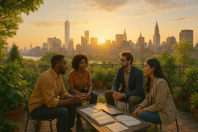 A group of diverse entrepreneurs in a rooftop garden overlooking a city skyline at sunrise, embodying visionary entrepreneurship.