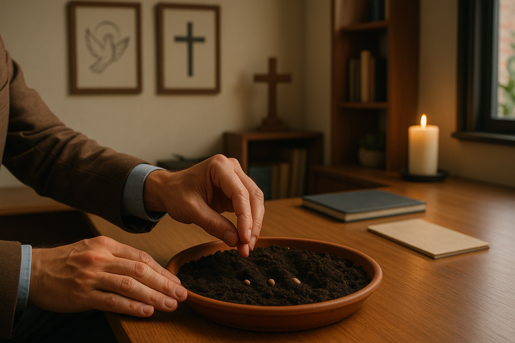 A peaceful family business office with faith-inspired decor, including a wooden cross and a lit candle, conveying a sense of Christ-centered values.