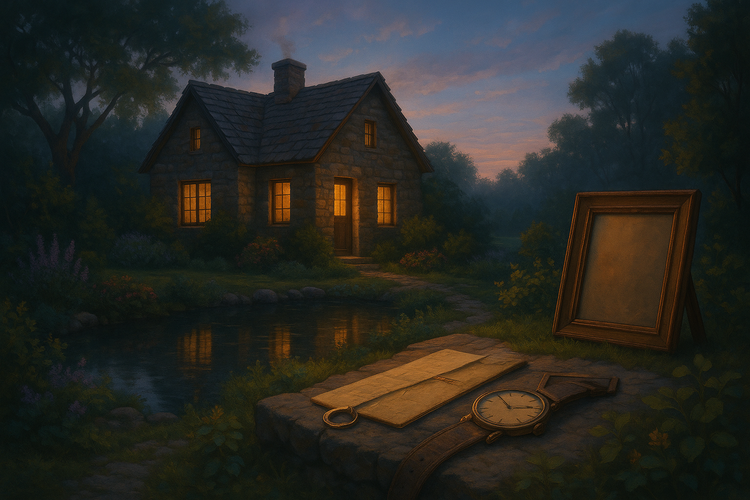 A serene family property at dusk with a rustic stone cottage, lush gardens, and a reflecting pond, capturing connection and legacy.