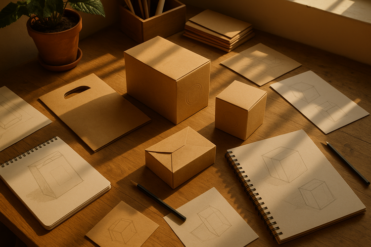 A sunlit design studio with eco-friendly custom packaging prototypes on display, featuring recycled materials and embossing details.