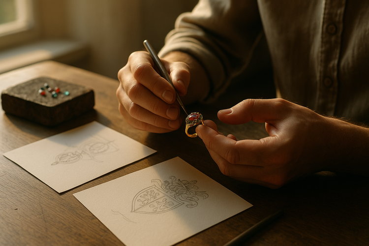Artisan crafting a bespoke jewelry piece in a sunlit studio, surrounded by sketches and family crests.