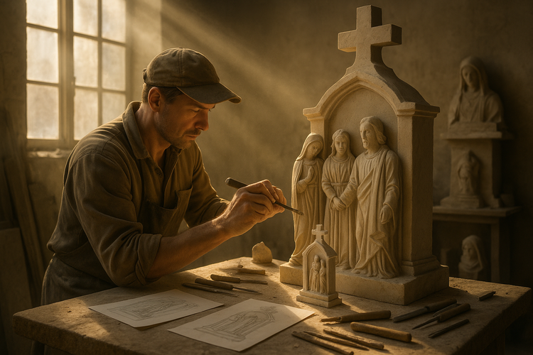 Artisan sculpting a family memorial in a sunlit workshop, focusing on intricate details and surrounded by sketches.
