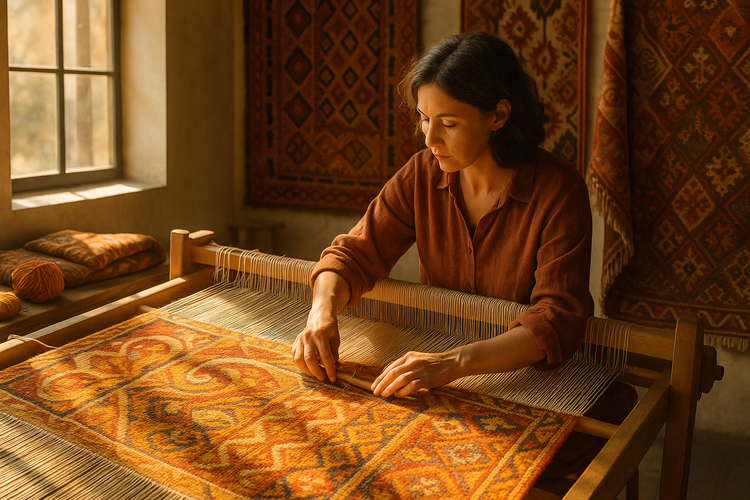 Artisan weaving a large tapestry in a sunlit studio, vibrant textiles and intricate patterns, morning light highlighting the work.