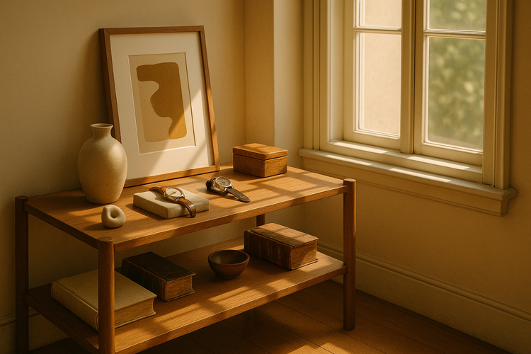 Display room with vintage watches, rare books, and bespoke art pieces on elegant wooden shelves under natural light.