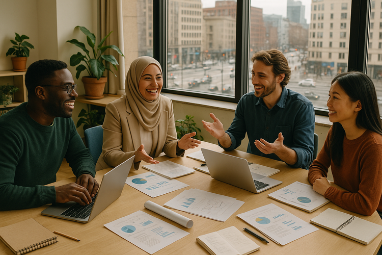 Diverse group of investors and founders meeting in a modern co-working space with a cityscape view, symbolizing collaboration and innovation.