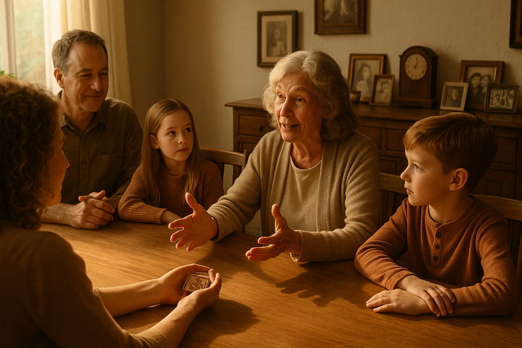 Family gathering in a sunlit room, multiple generations sharing stories around a wooden dining table, evoking warmth and tradition.
