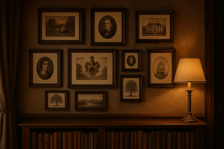 Family library with custom art pieces depicting heritage, warmly lit at dusk.
