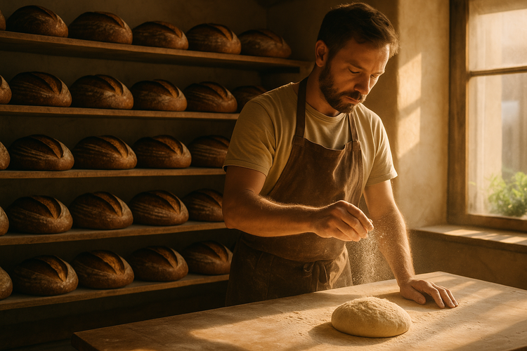 Sunlit artisan bakery with freshly baked sourdough loaves and a baker dusting flour.