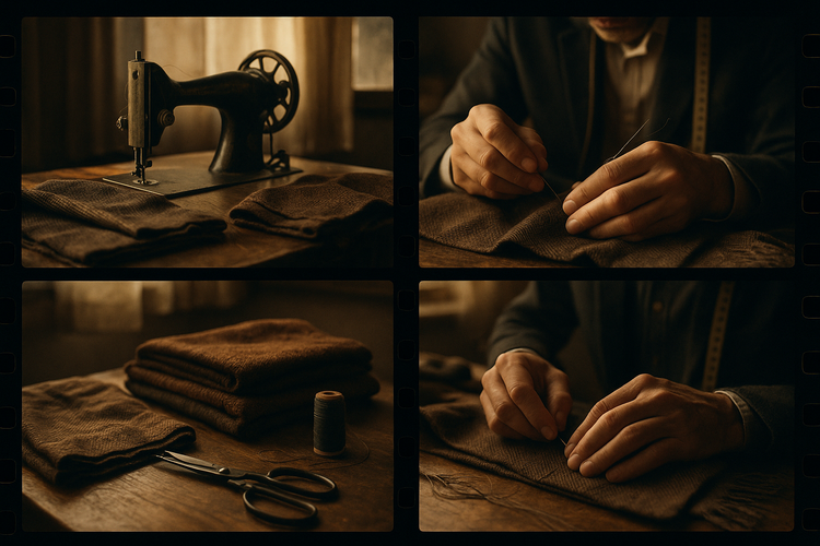 Tailor's studio with vintage sewing machine, artisan's hands stitching richly textured fabrics.