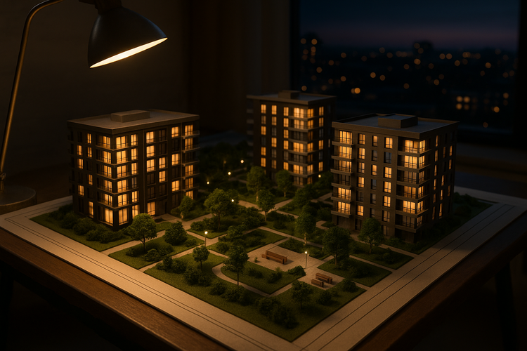 Urban development with luxury apartments and communal green spaces at twilight, blending luxury and community.