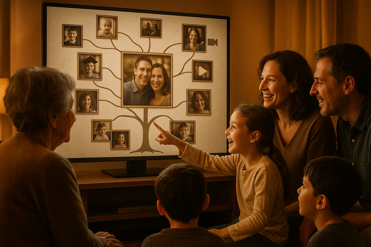 A multigenerational family gathered around a digital family tree, symbolizing connection and legacy preservation.