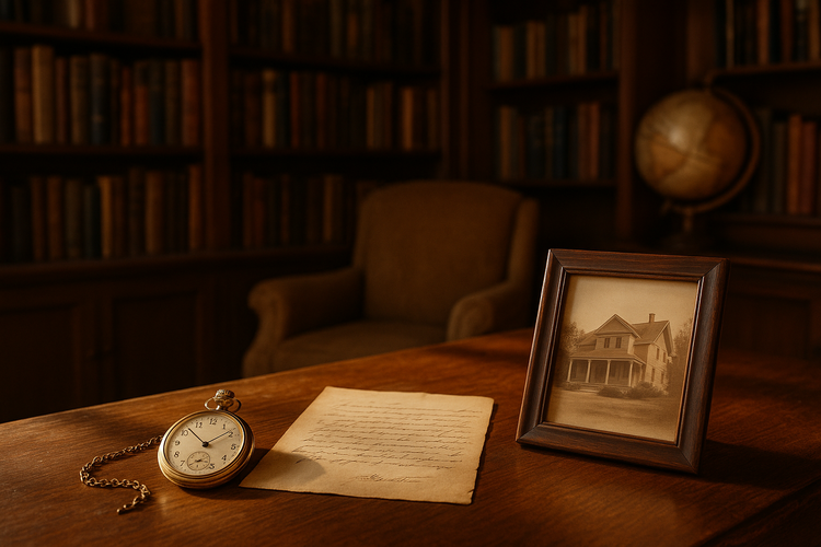 A sunlit family library with antique wooden shelves filled with books and a vintage globe, creating a sense of history and legacy.