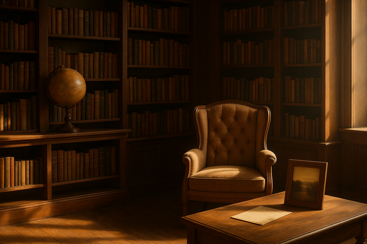 A warm family library with antique bookshelves, a globe, and an armchair, exuding a sense of history and creativity.