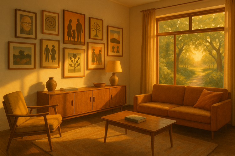 A warm family living room with diverse artwork and a large window overlooking a garden, in evening light.