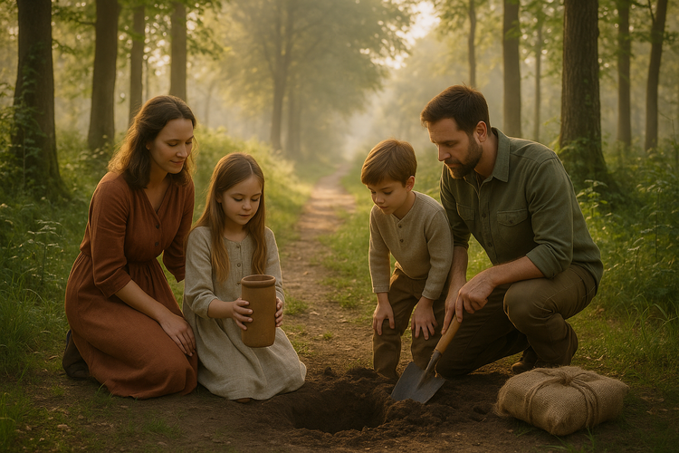 Family burying a biodegradable time capsule in a sunlit forest, symbolizing sustainability and legacy.