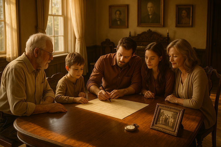 Family gathered around a dining table drafting a mission statement, sunlight streaming, evoking legacy and unity.