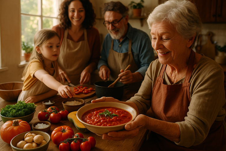 Family members of various ages preparing a signature dish in a vibrant kitchen, conveying warmth and tradition.