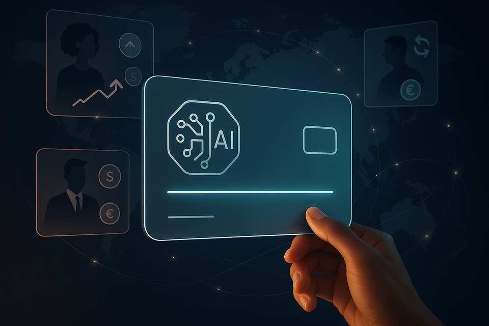 Futuristic digital payment interface with AI elements.