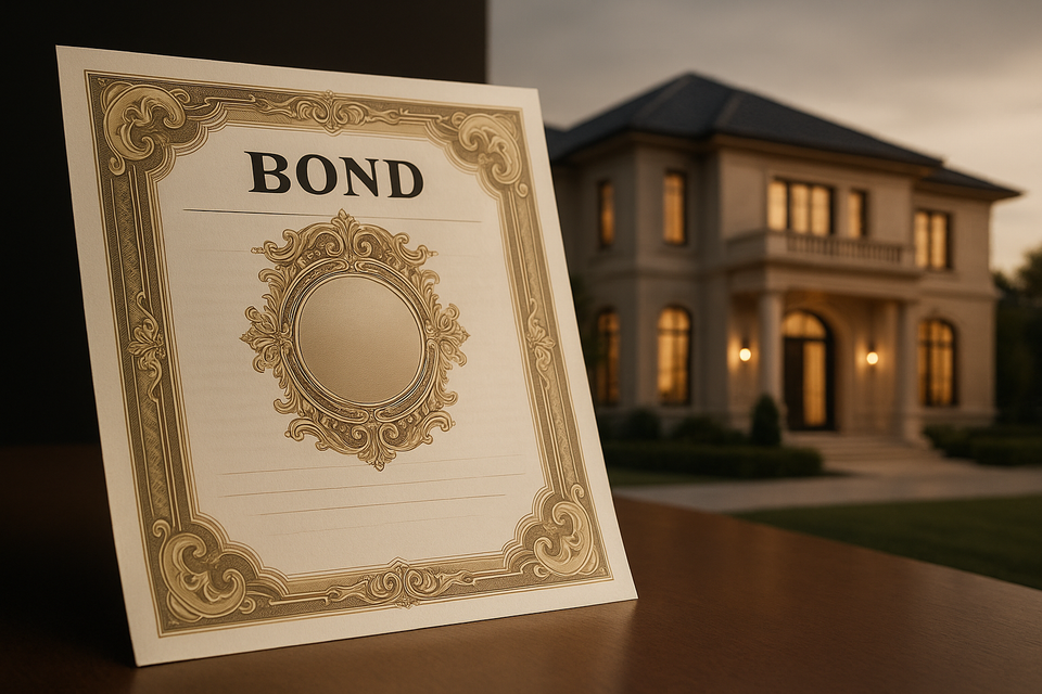 Premium bond certificate and luxury property representing quality investments.