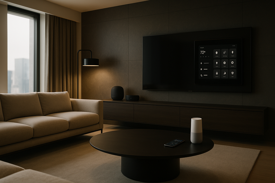 Smart technology integrated in luxury home design with modern aesthetics.