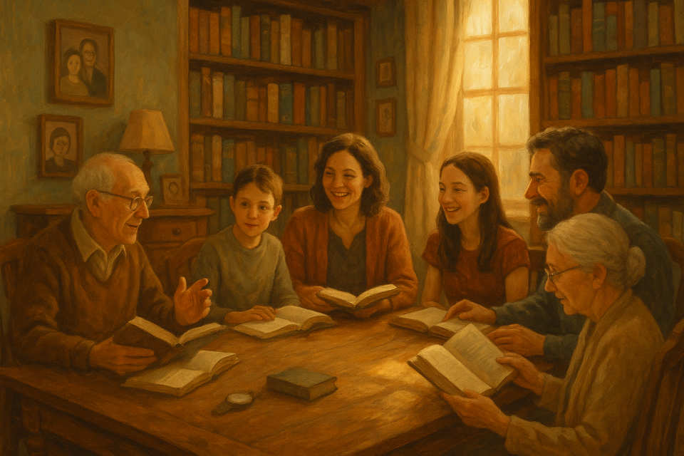 A multi-generational family gathered in a cozy library, engaged in a lively book club discussion surrounded by shelves of books and warm sunlight.