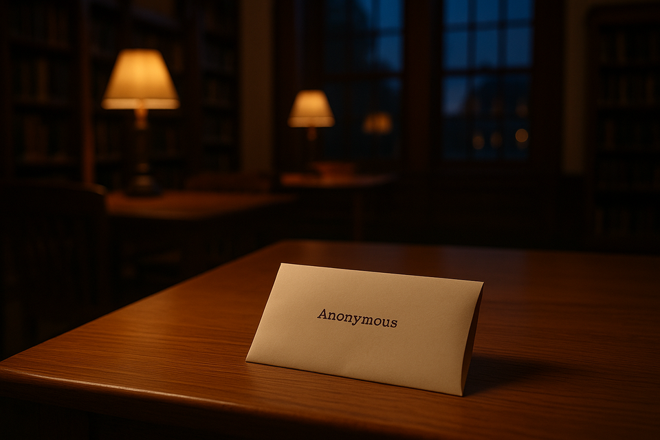 A serene library at dusk with soft interior lights and an anonymous donation letter, symbolizing quiet philanthropy.