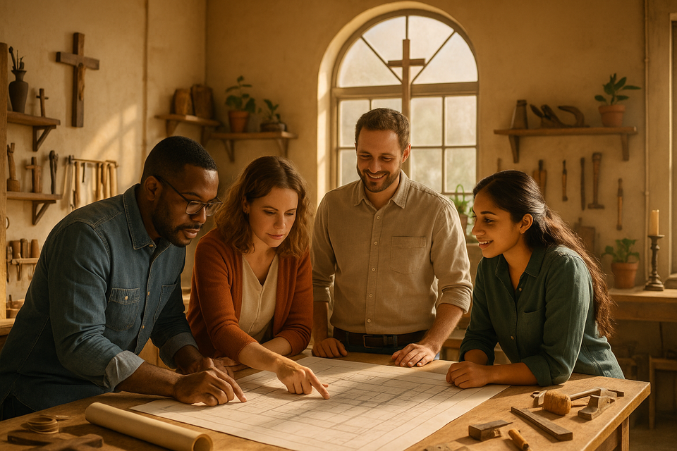 Diverse entrepreneurs in sunlit workspace with Christian symbols