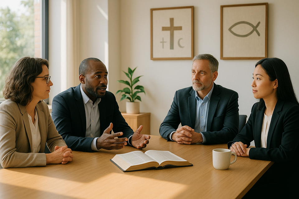 Investors in a sunlit room with faith symbols, discussing strategies.