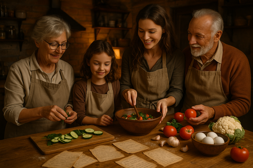 Multi-generational family cooking together in a rustic kitchen, surrounded by family recipes and fresh ingredients.