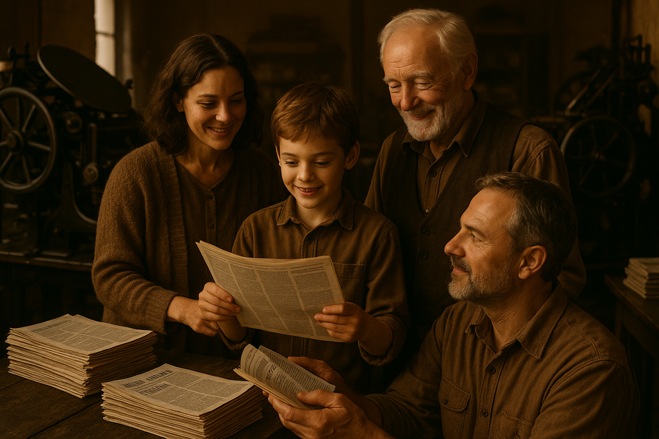 Multi-generational family in a print shop with vintage presses and newspapers.