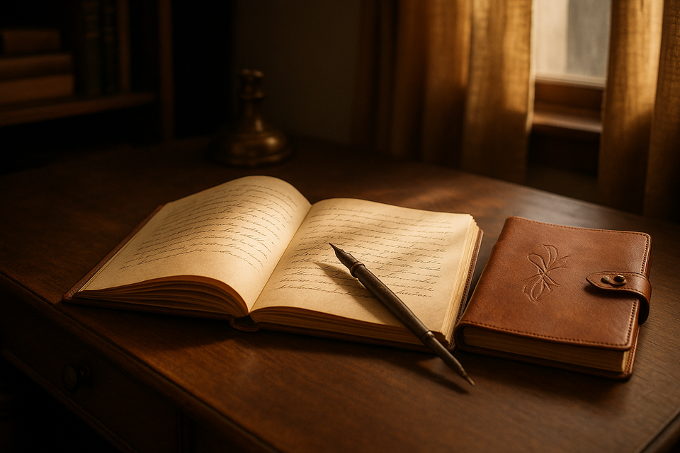 A cozy study with a leather-bound journal and an ink pen on a vintage wooden desk, illuminated by warm sunlight.