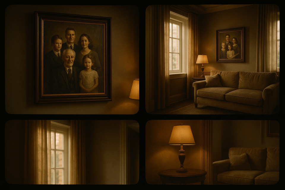 A custom family portrait in an elegant living room, illuminated by soft natural light.