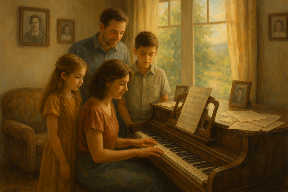 A family around an antique piano with sheet music and warm lighting, symbolizing tradition and legacy.