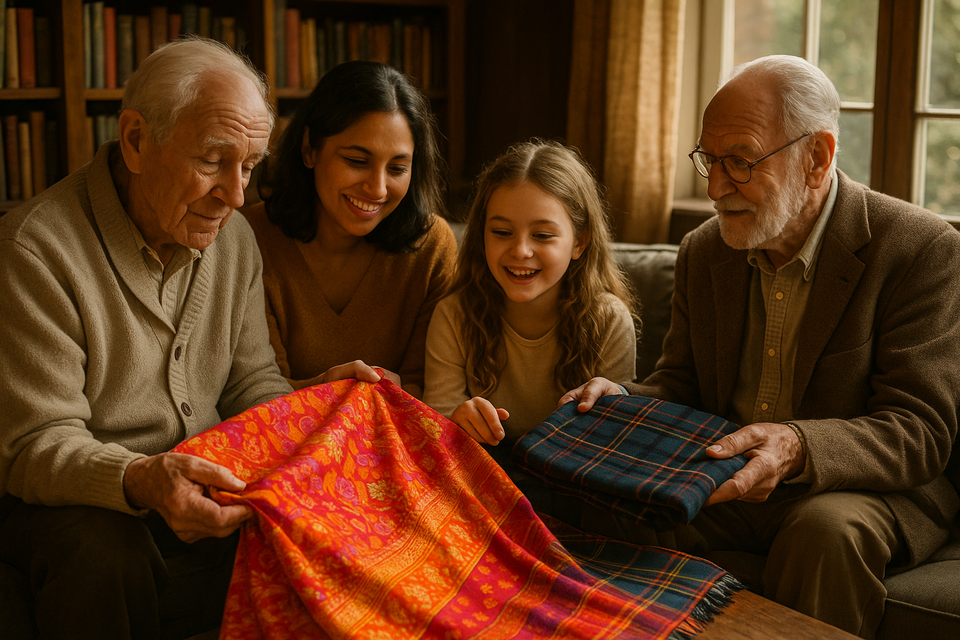 A family in a sunlit library, sharing stories around a sari and kilt, capturing legacy and heritage.