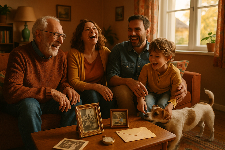 A family laughing together in a cozy, sunlit living room with vintage decor.